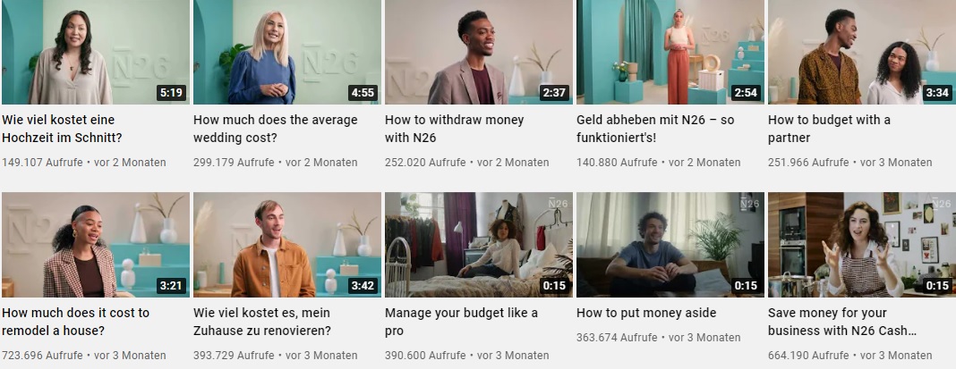 Youtube-Kanal von N26 als Beispiel für gutes Marketing für Finanzdienstleister.